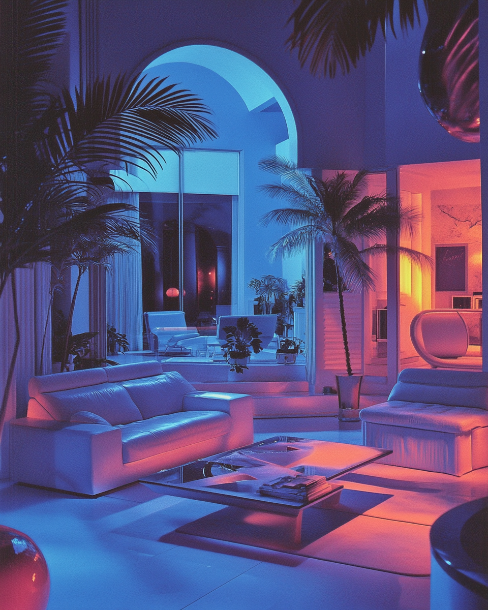 Late 80s decor magazine, mansion living room, Miami night.