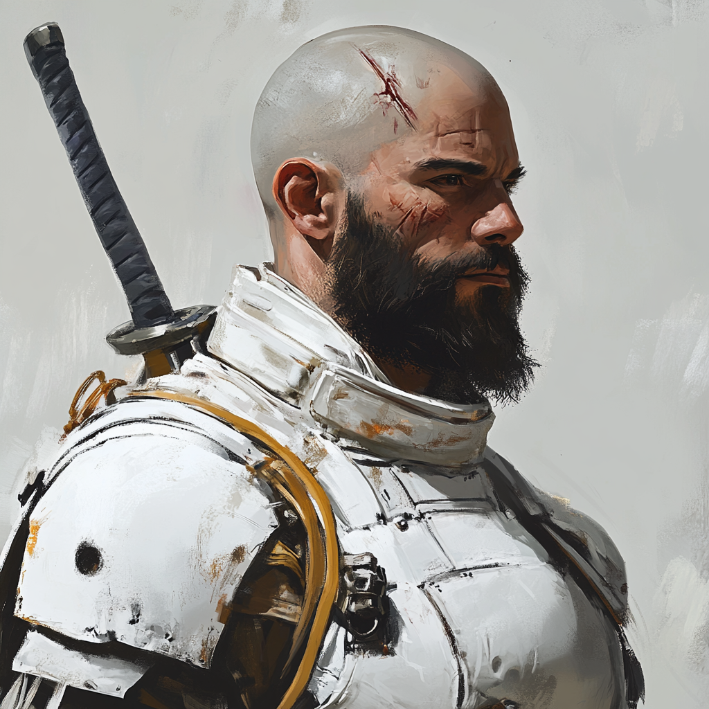 Latino samurai in white armor, helmet aside, apocalyptic design.