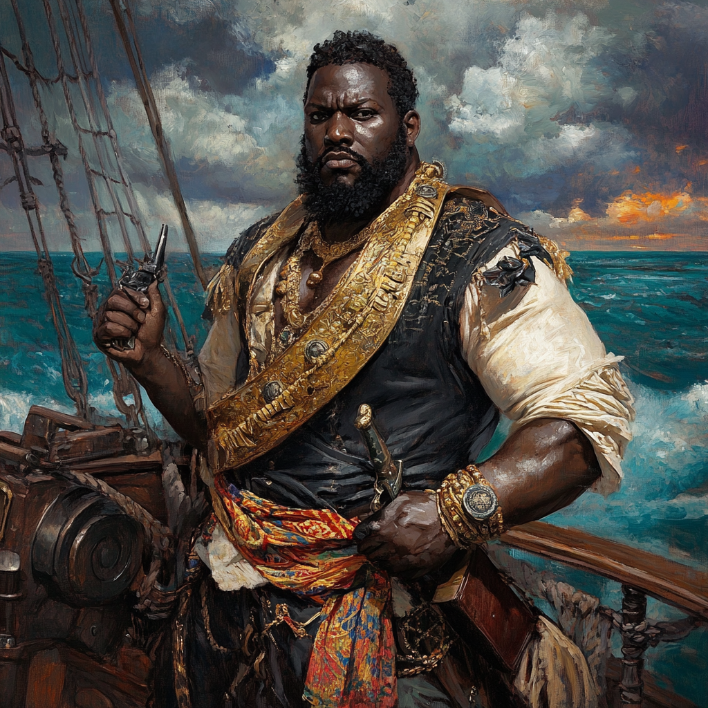 Legendary pirate Black Caesar standing on pirate ship, wielding weapons.