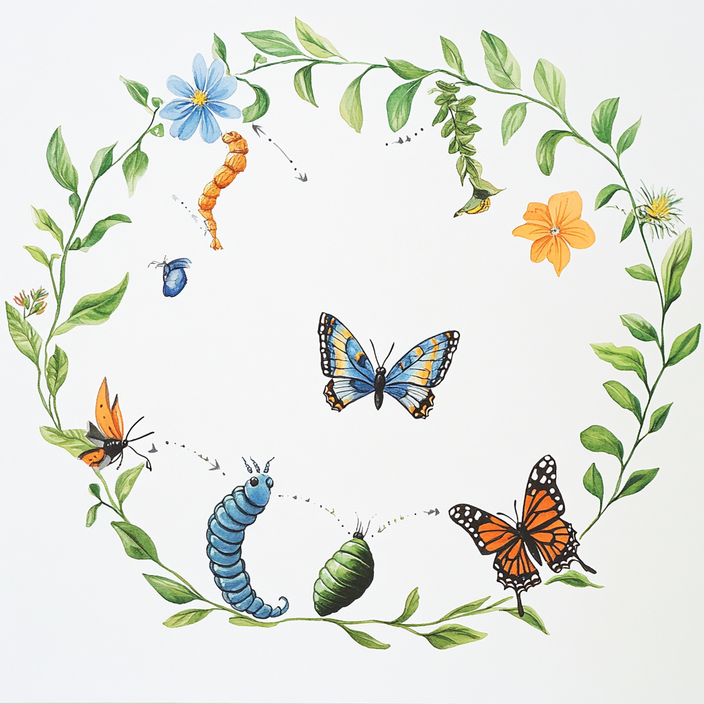 Life stages of butterfly on colorful circular diagram page.