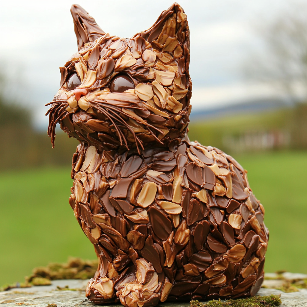 Lifelike cat sculpted from Kinder Bueno bars, realistic details.