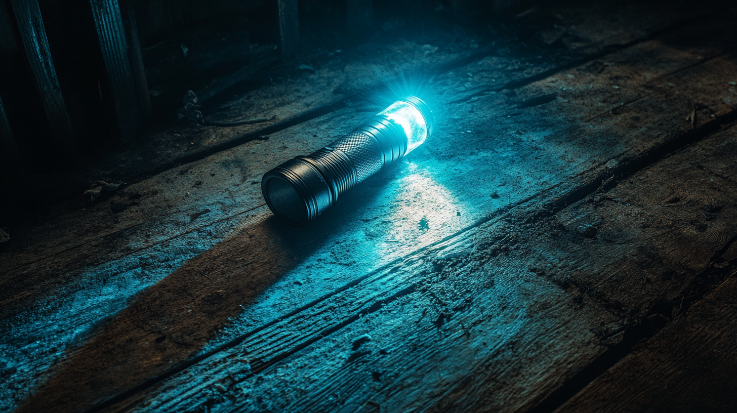 Light from flashlight illuminating dark passage on rustic floor