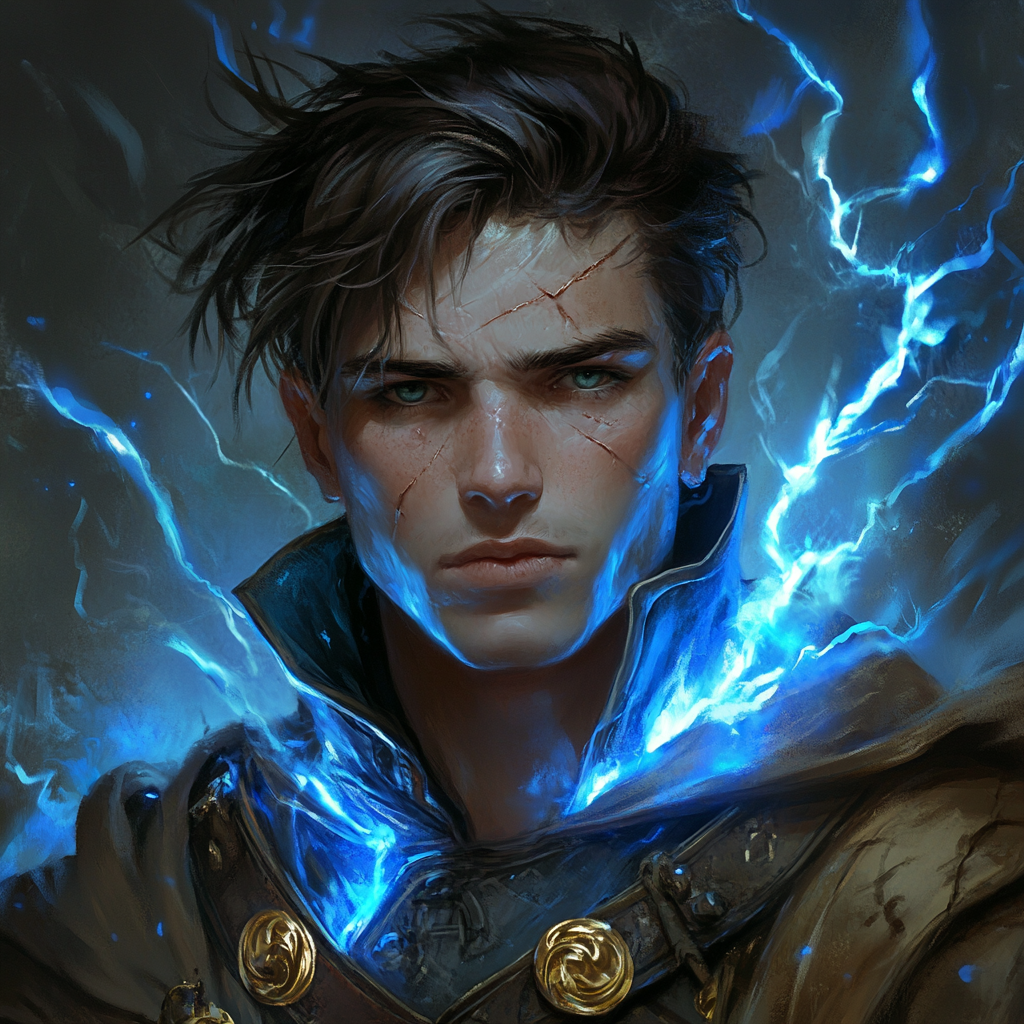 Lightning sorcerer with brown hair, blue highlights, burns, scars