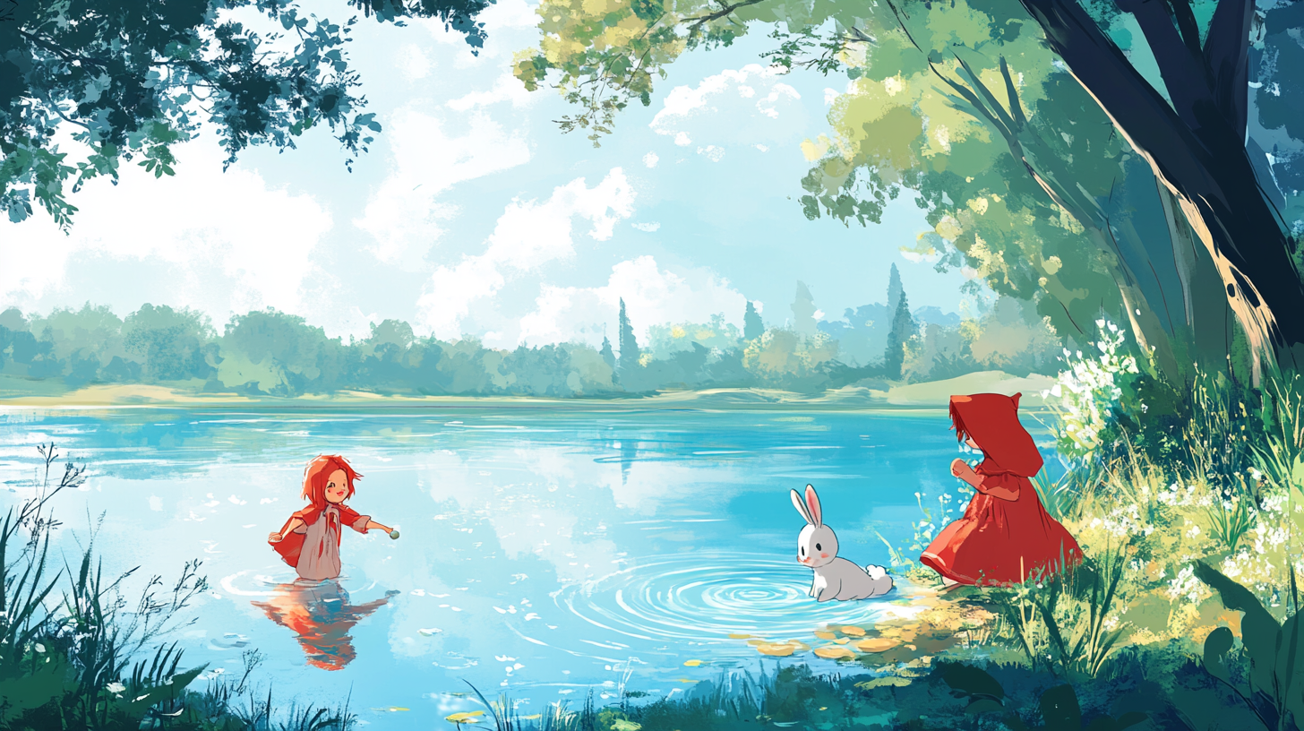 Little Red Riding Hood and Bunny happily play near lake.