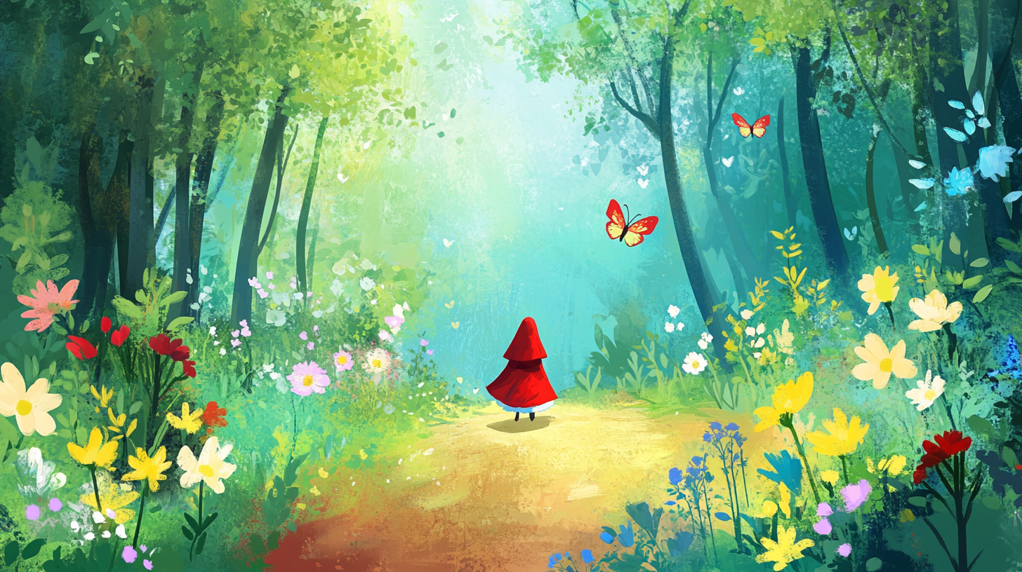 Little girl in red hood strolling in forest.