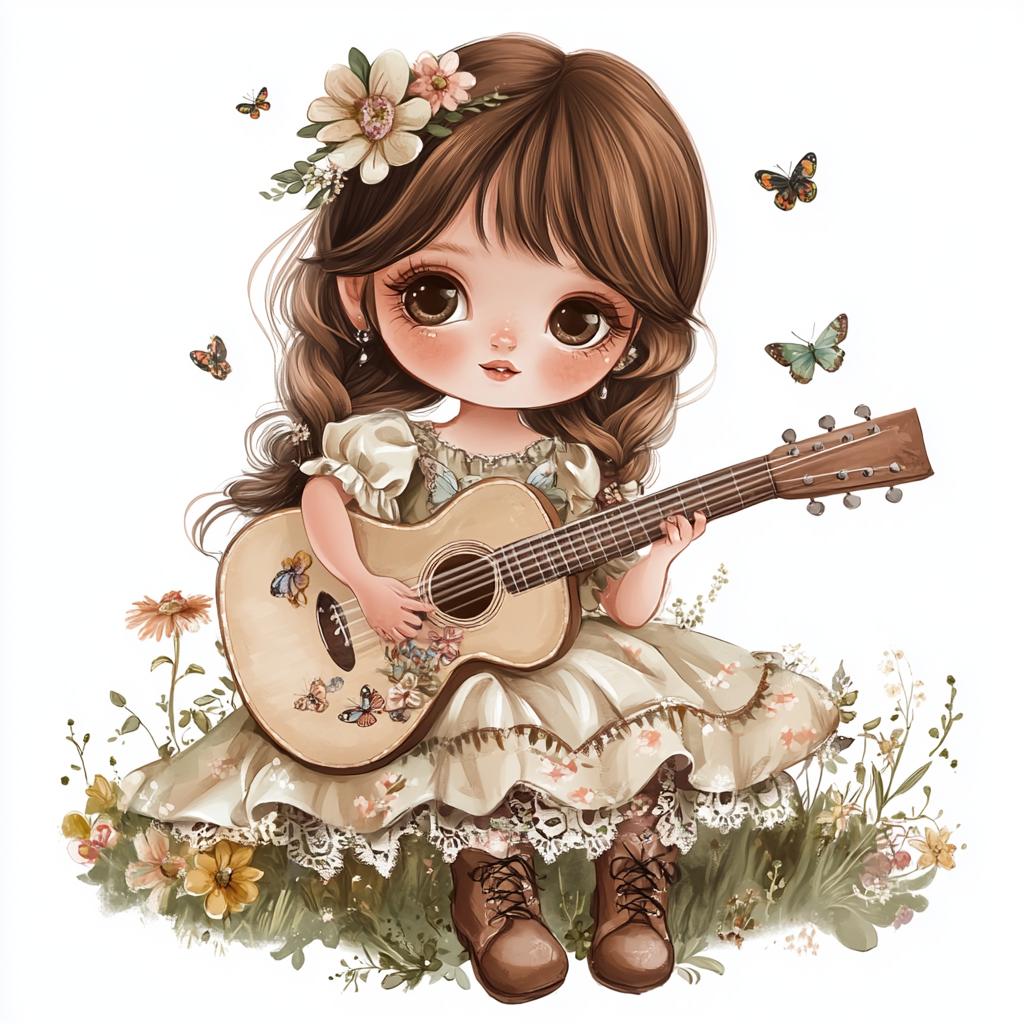 Little girl with brown eyes, long lashes, freckles, guitar.