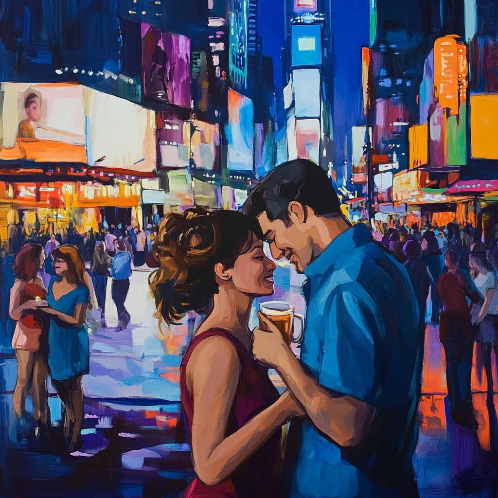 Lively city scene captures essence of greetings and connections.