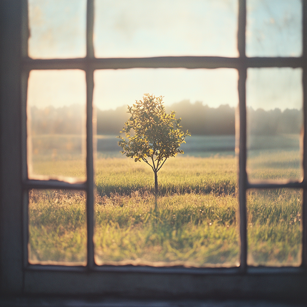 Lonely tree in field, seen through glass with effects.