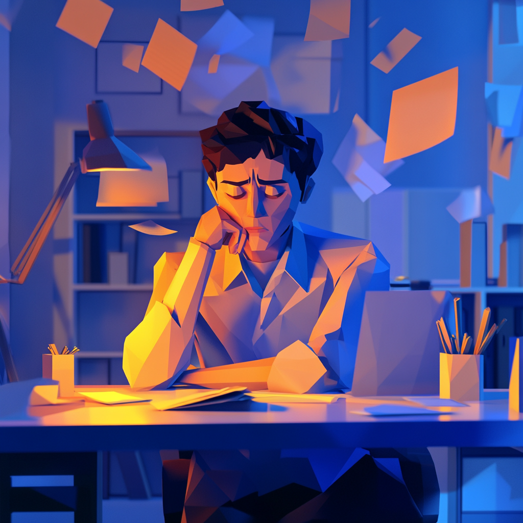 Low poly image: office manager unsure, surrounded by stress.