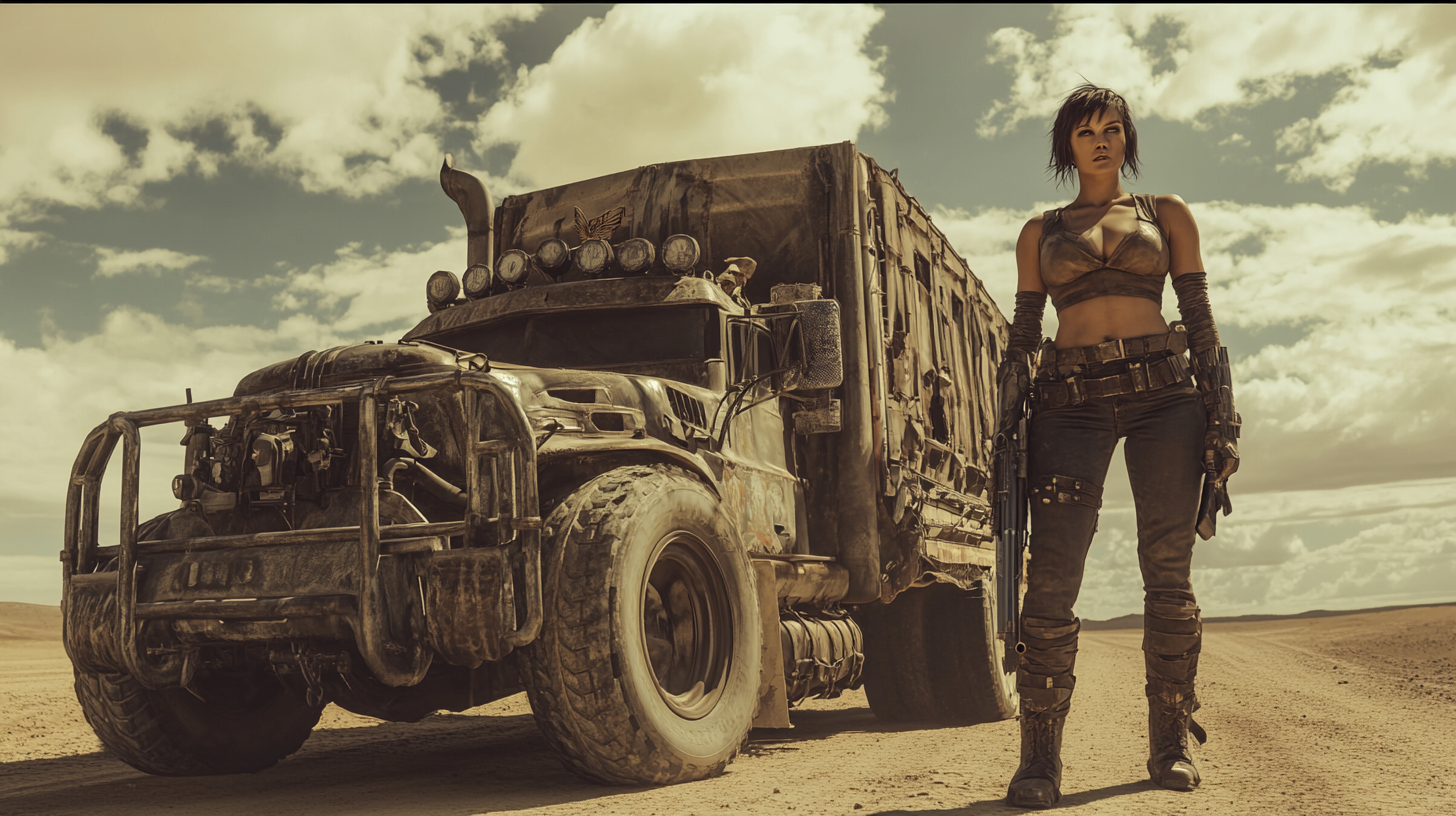 Mad Max style cinematic film still, Furiosa female.