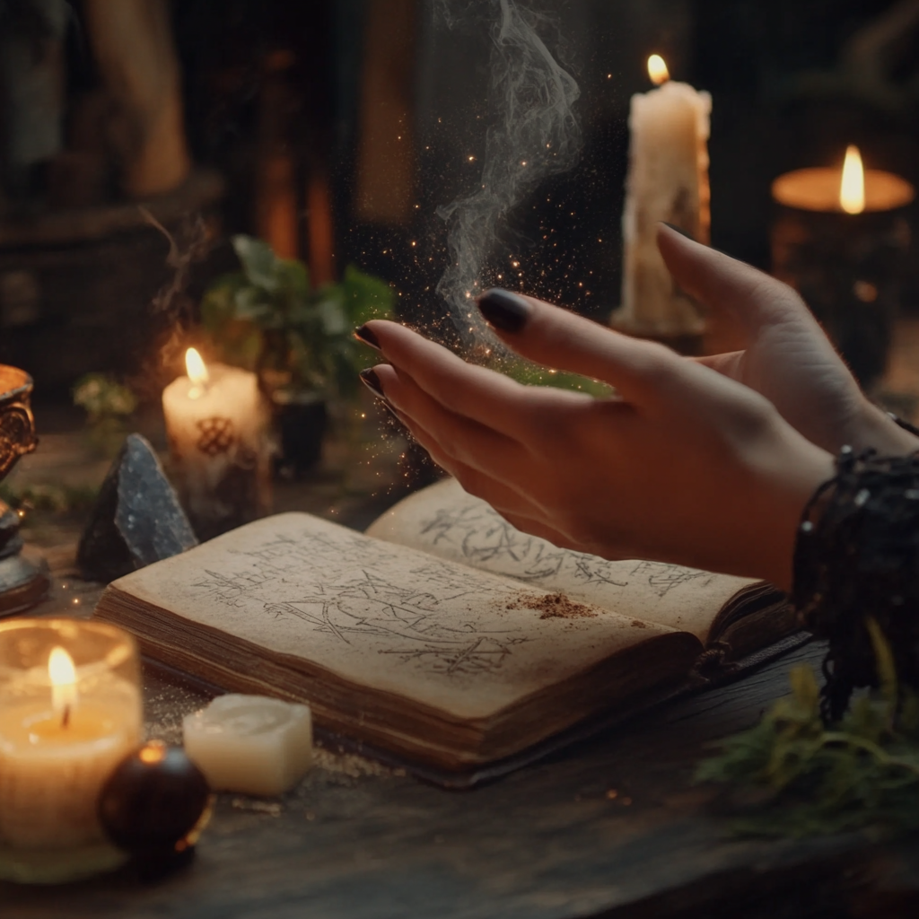 Magic items like candles, crystals, and spell books.