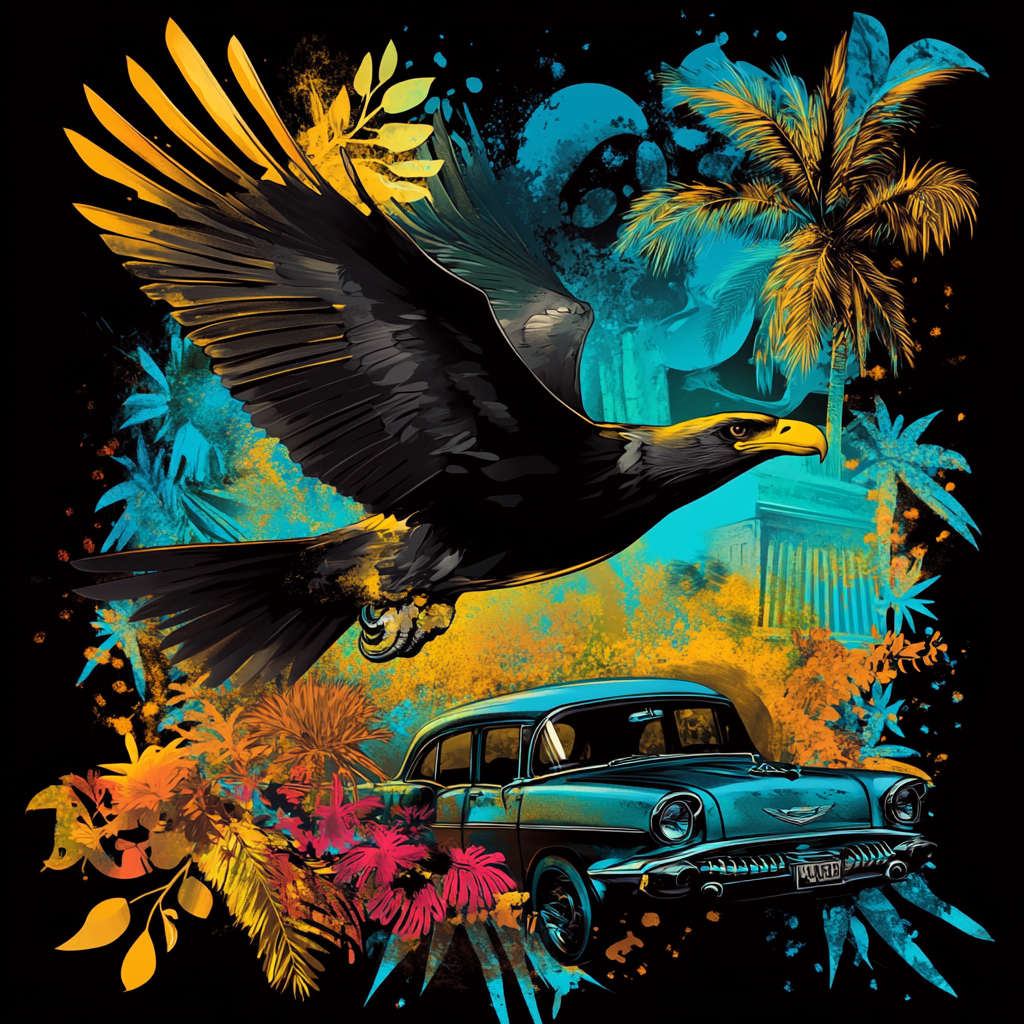 Majestic bird in flight with vibrant Cuban setting, optimized for high-quality fabric printing.