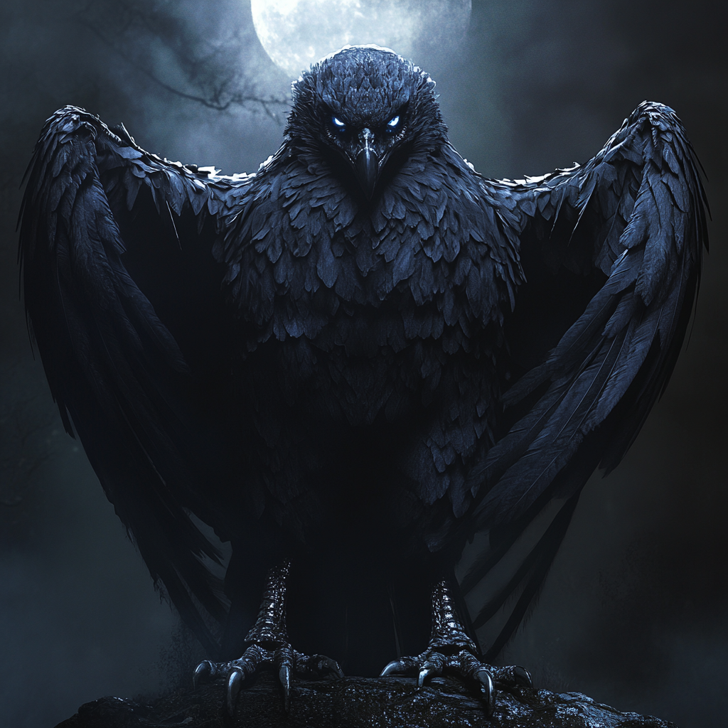 Majestic giant bird creature, black feathers, glowing silver eyes.