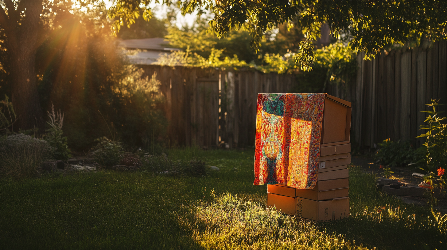 Makeshift podium on boxes draped in colorful cloth outdoors.