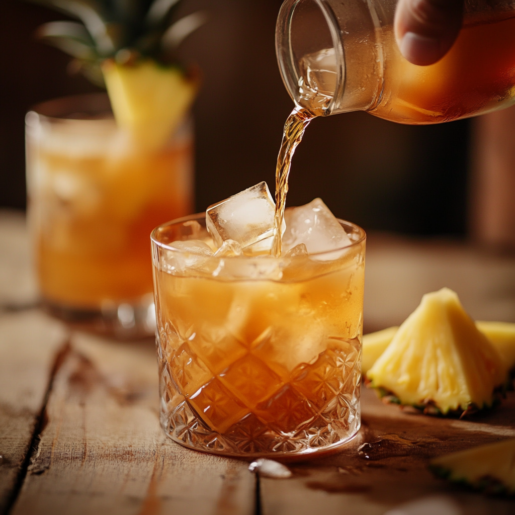 Making mai tai cocktail drink with rum, ice, and pineapple.