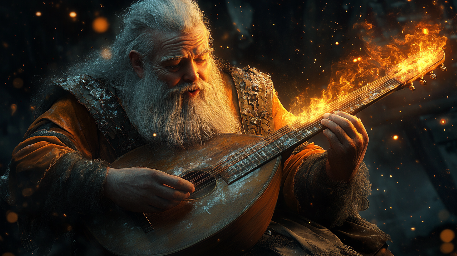 Male dwarf bard playing lute with magical radiance. Singing epic songs.