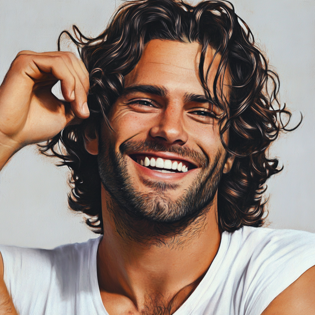 Male with thick, healthy hair, smiling confidently and pointing.