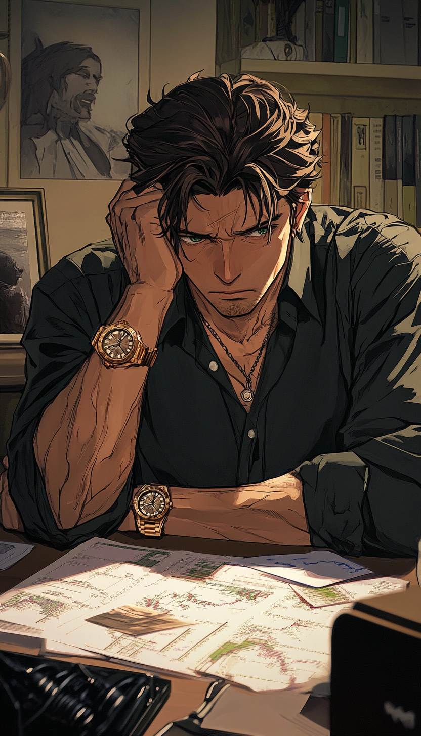 Man analyzing charts with Rolex watch, anxious expression.