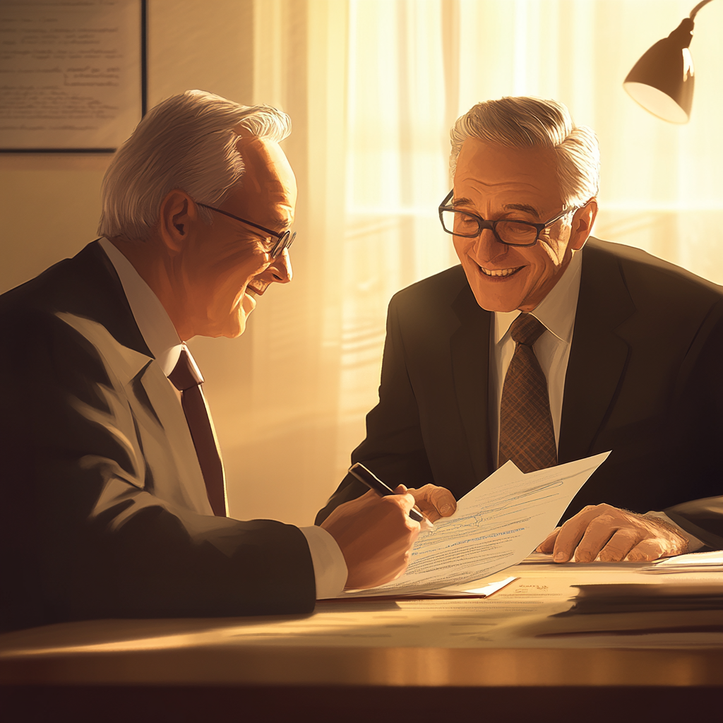 Man at desk reviews documents, advisor offers guidance. Security.