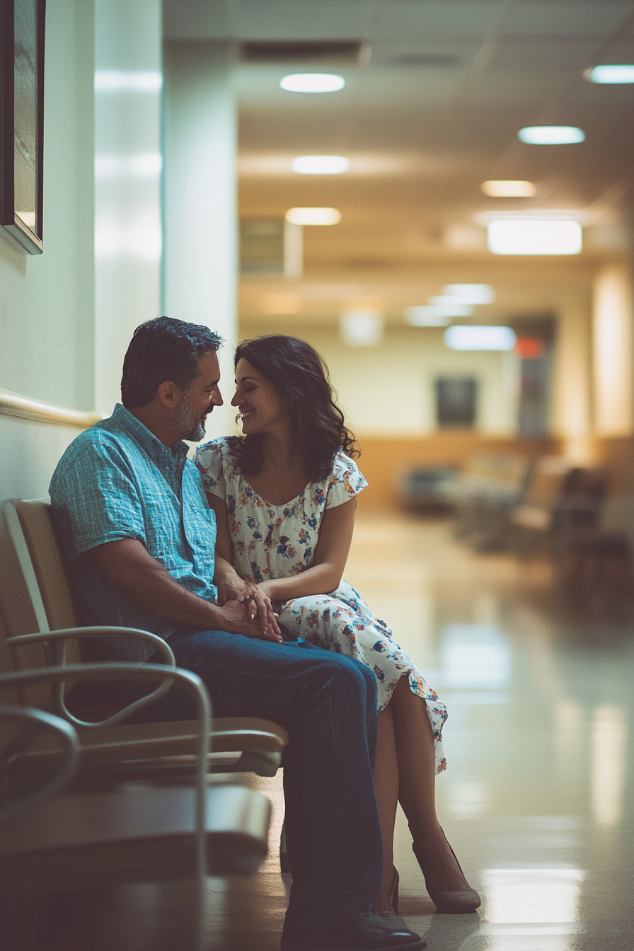 Man comforting wife in hospital waiting room, both smiling.