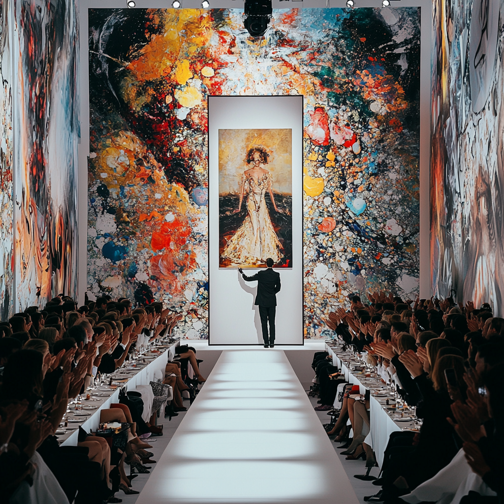 Man hangs large painting in fashionable runway show setting.