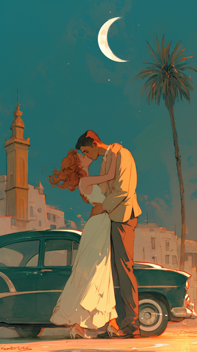 Man in beige suit kisses red-haired woman. Moonlit Casablanca.