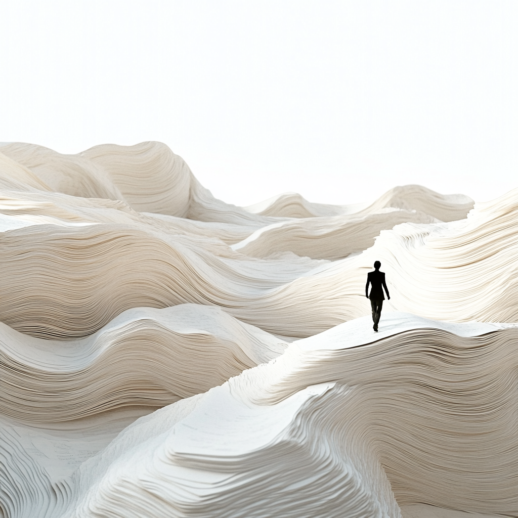 Man in black walking on book pages in desert.