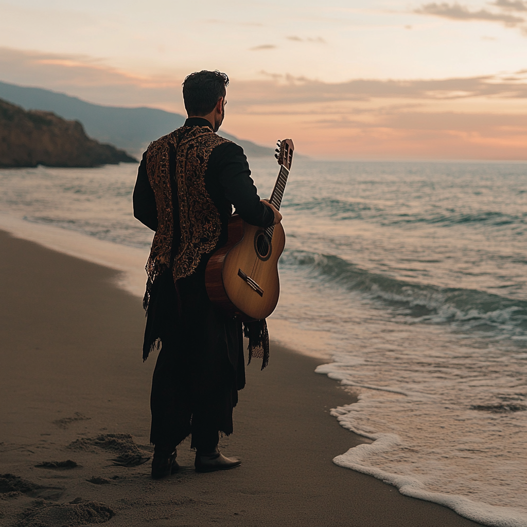 Man in flamenco outfit with guitar at beach sunset.