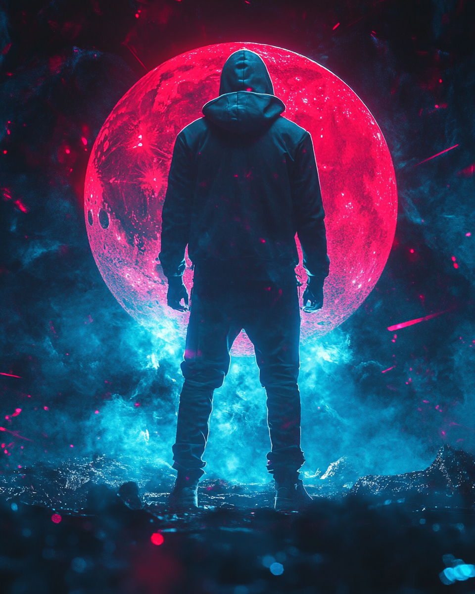 Man in hoodie, cyberpunk, moon, cosmic interstellar theme.