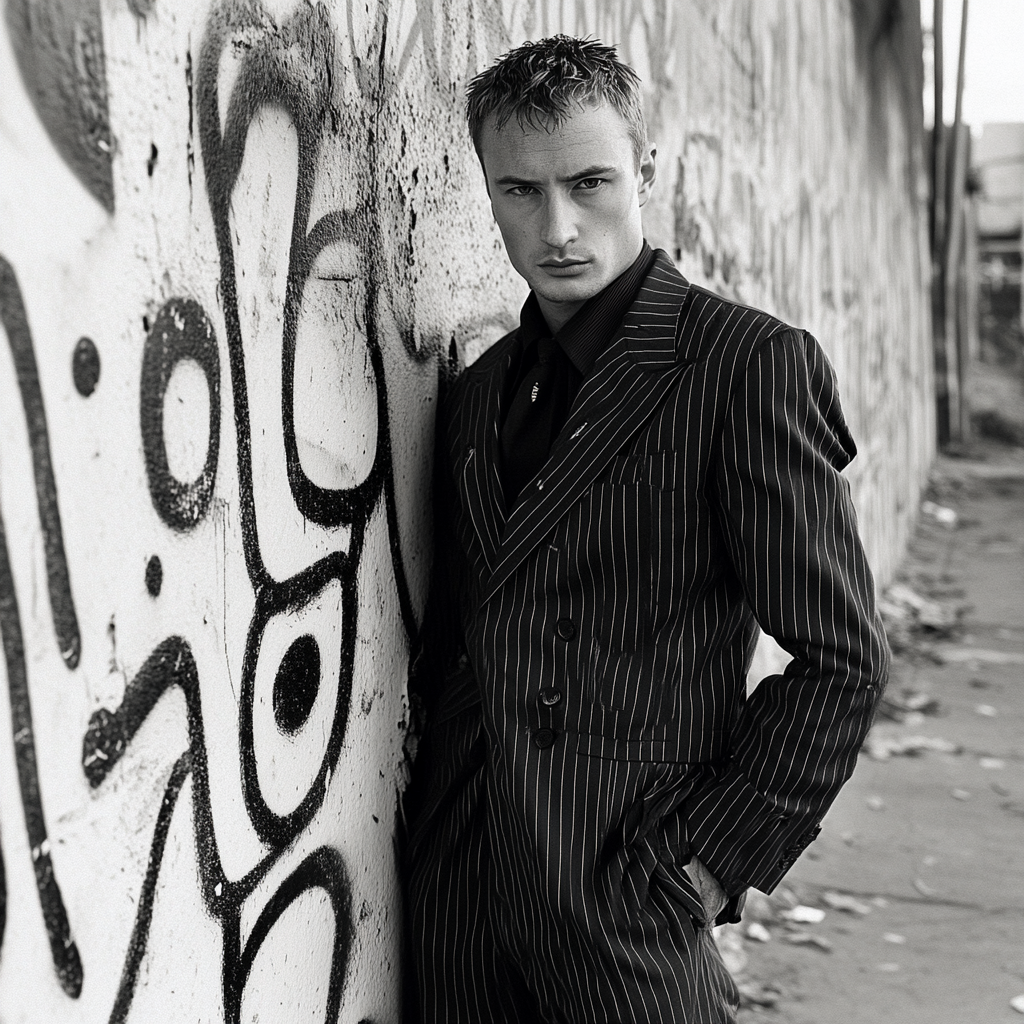 Man in pinstripe suit leaning against graffiti wall.