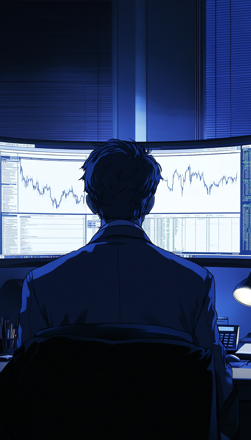 Man in suit in bedroom with forex charts screens.