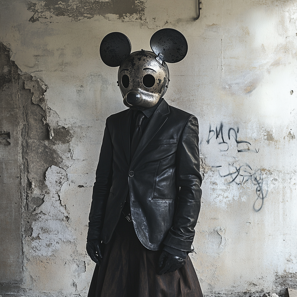 Man model in black suit with Mickey Mouse mask.