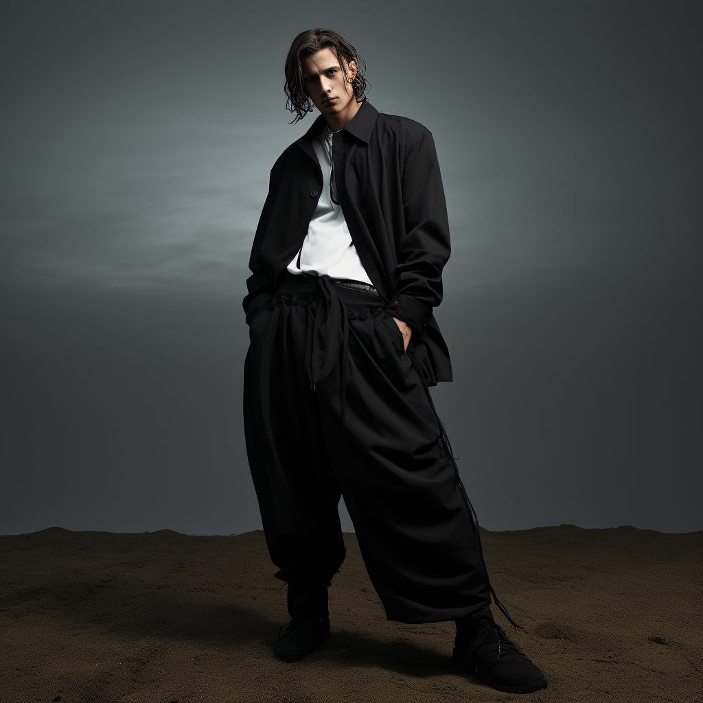 Man model wearing black suit, skirt, vintage sneakers - unique background.