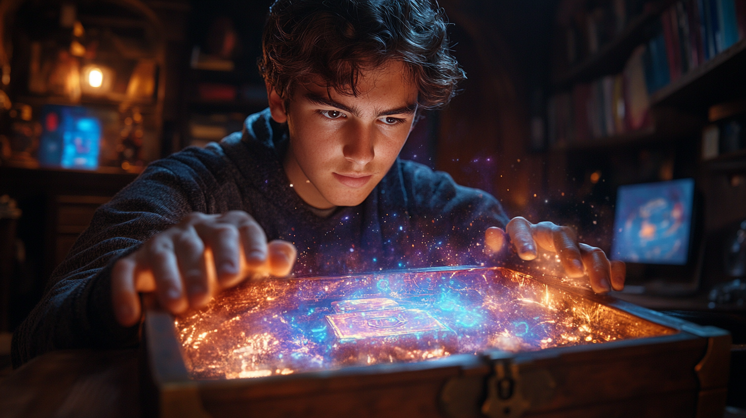 Man opening treasure chest with magical glow, peaceful room.