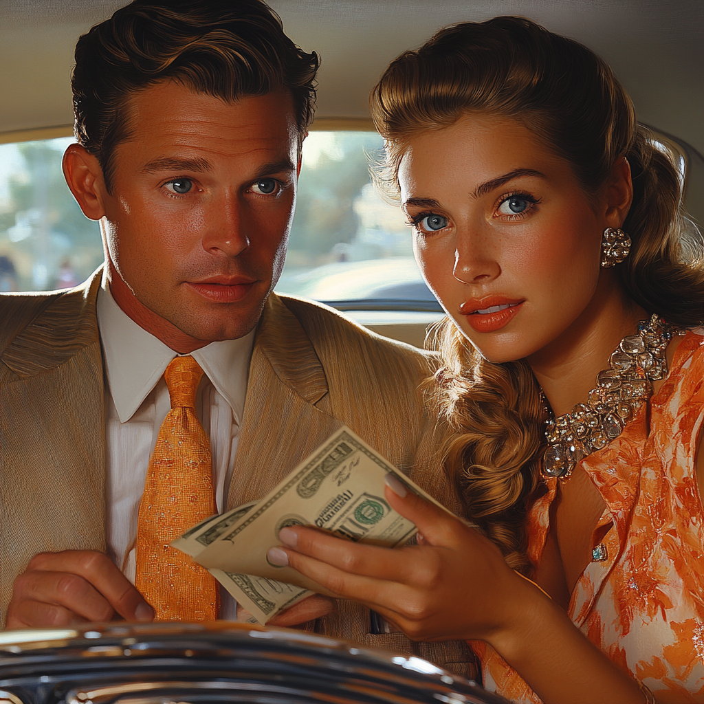 Man showing money to woman in car, both professional.