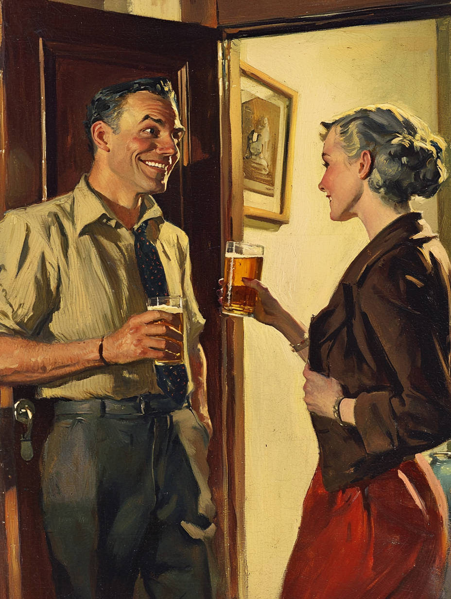 Man smiling, woman leaving, drinking beer, vintage book cover.