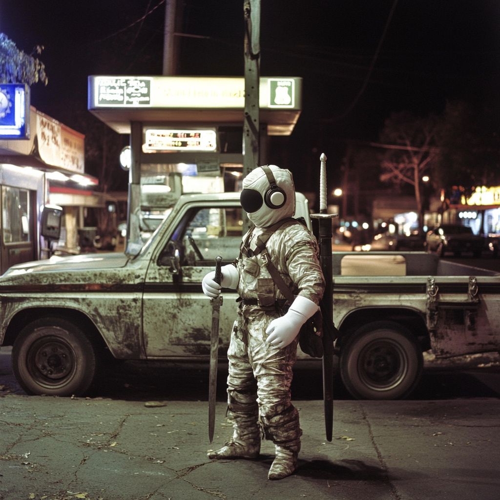 Marshmellow man with headphones working at gas station.