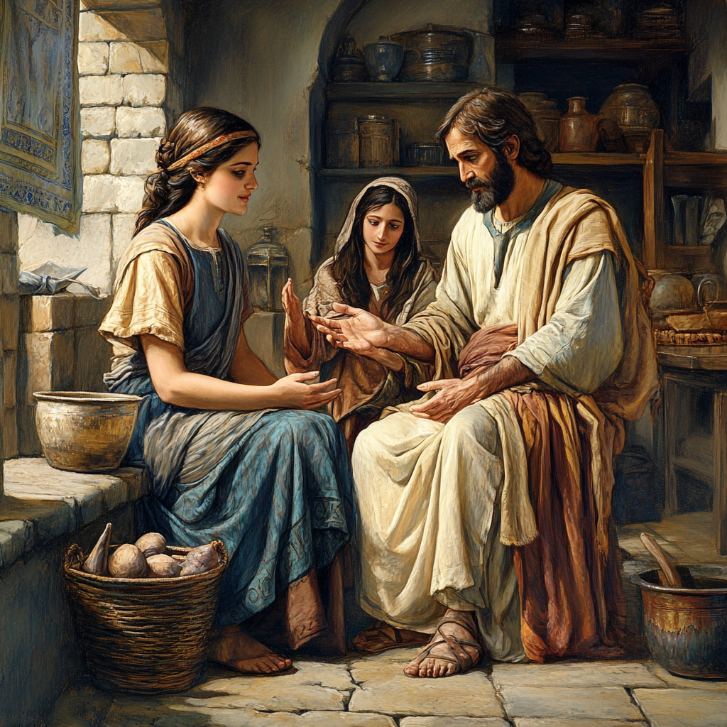 Martha serving, Mary listening, Jesus teaching inside home.