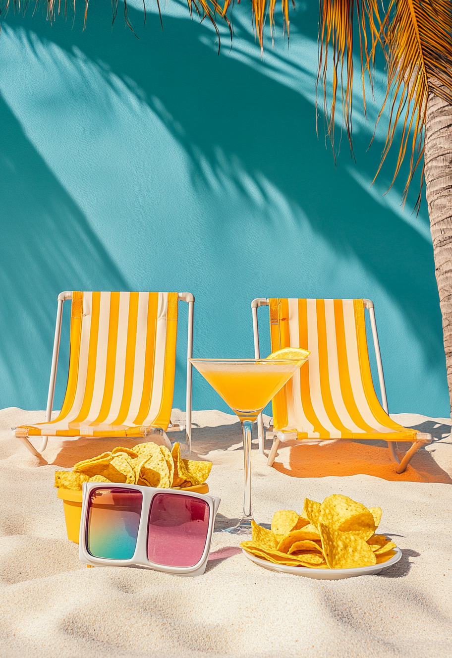 Martini shots and chips on beach chairs at sunrise.