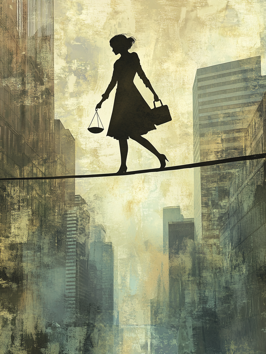 Maya walking on tightrope above city with scale, briefcase.