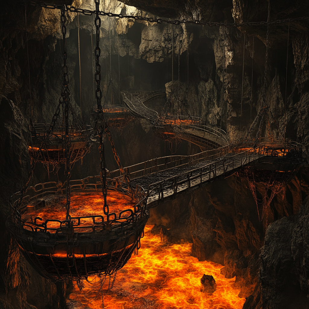 Metal baskets suspended over lava in fantasy mine dungeon.