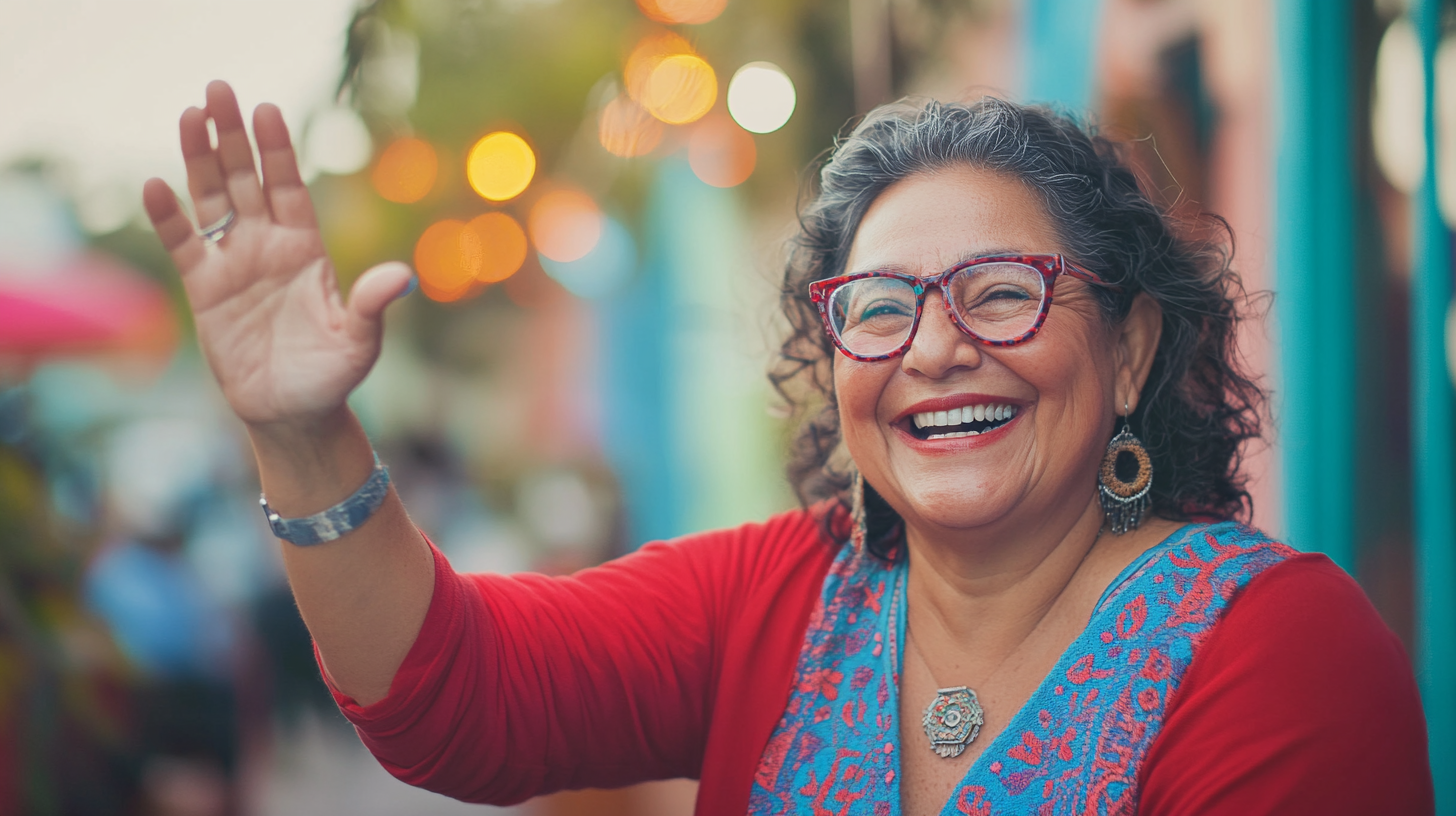 Mexican woman celebrating small win, high-five, red and blue.