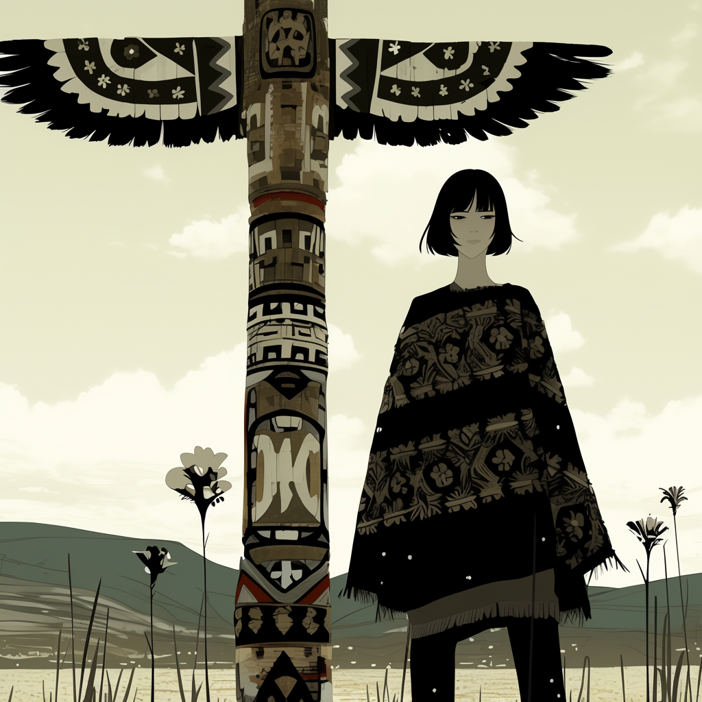 Mexican woman with bob haircut in front of totem pole