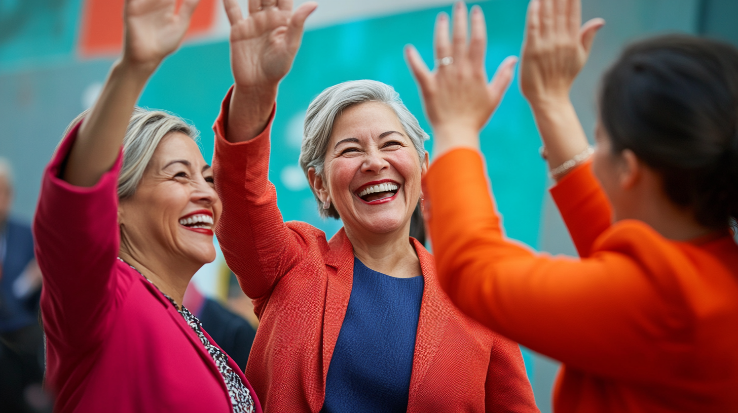 Middle aged diverse business women celebrate small win.