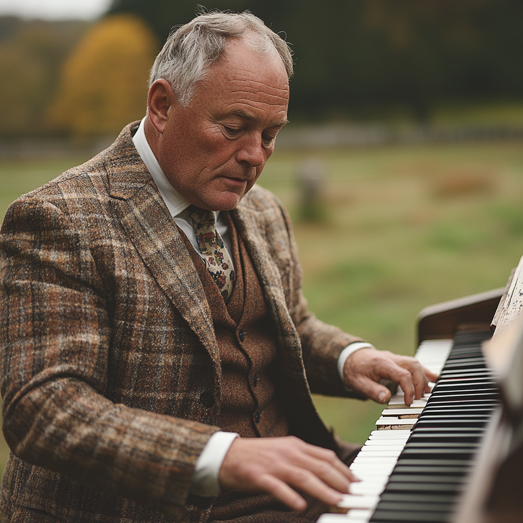 Middle aged man plays piano in Irish field.