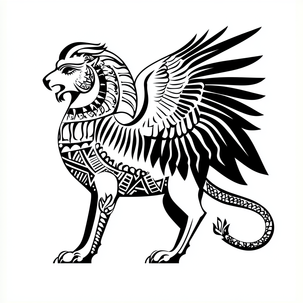 Minimal 2D black and white Griffin design inspired by Persepolis.