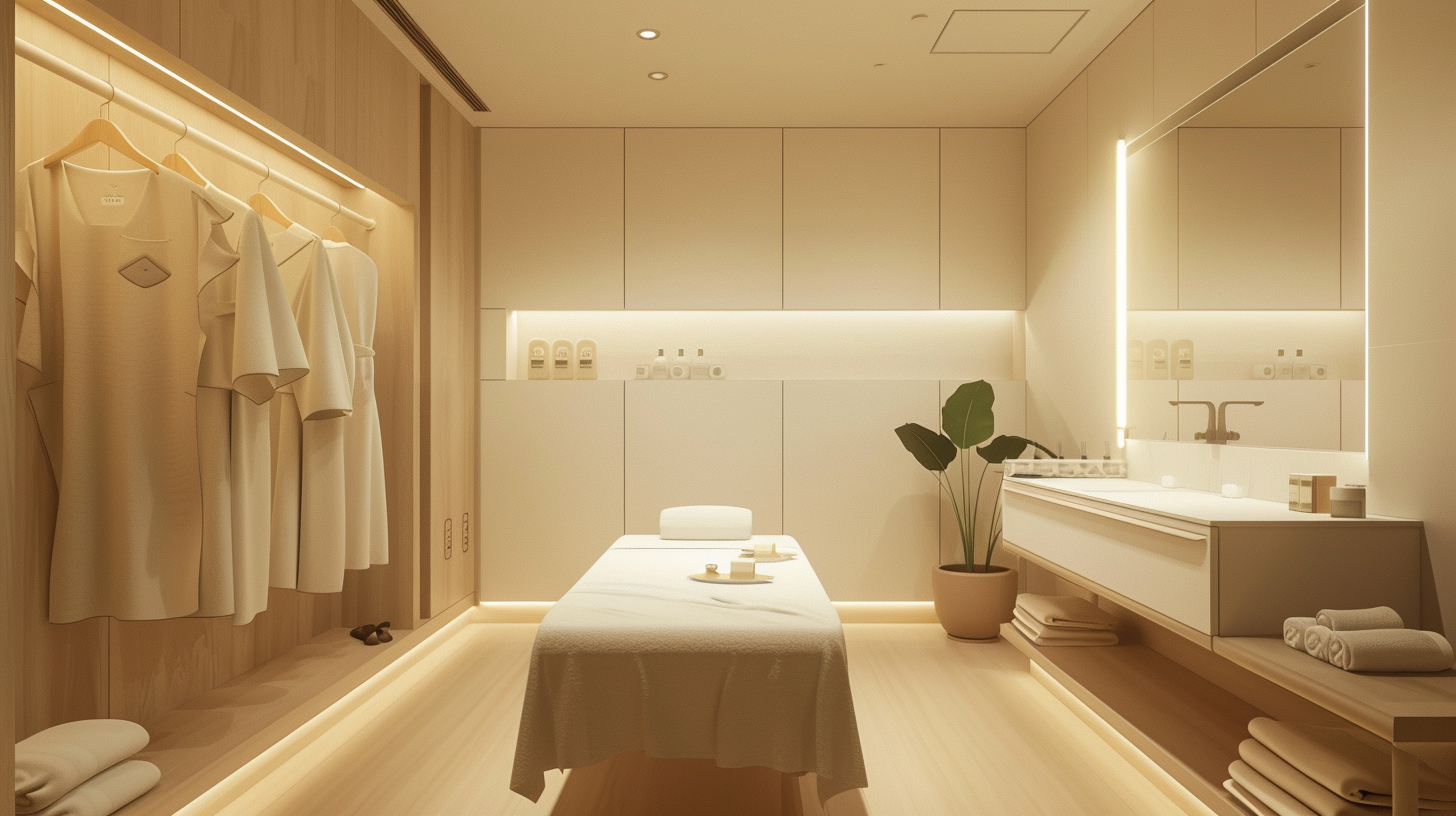 Minimalist Treatment Room with Neutral Colors and Subdued Lighting