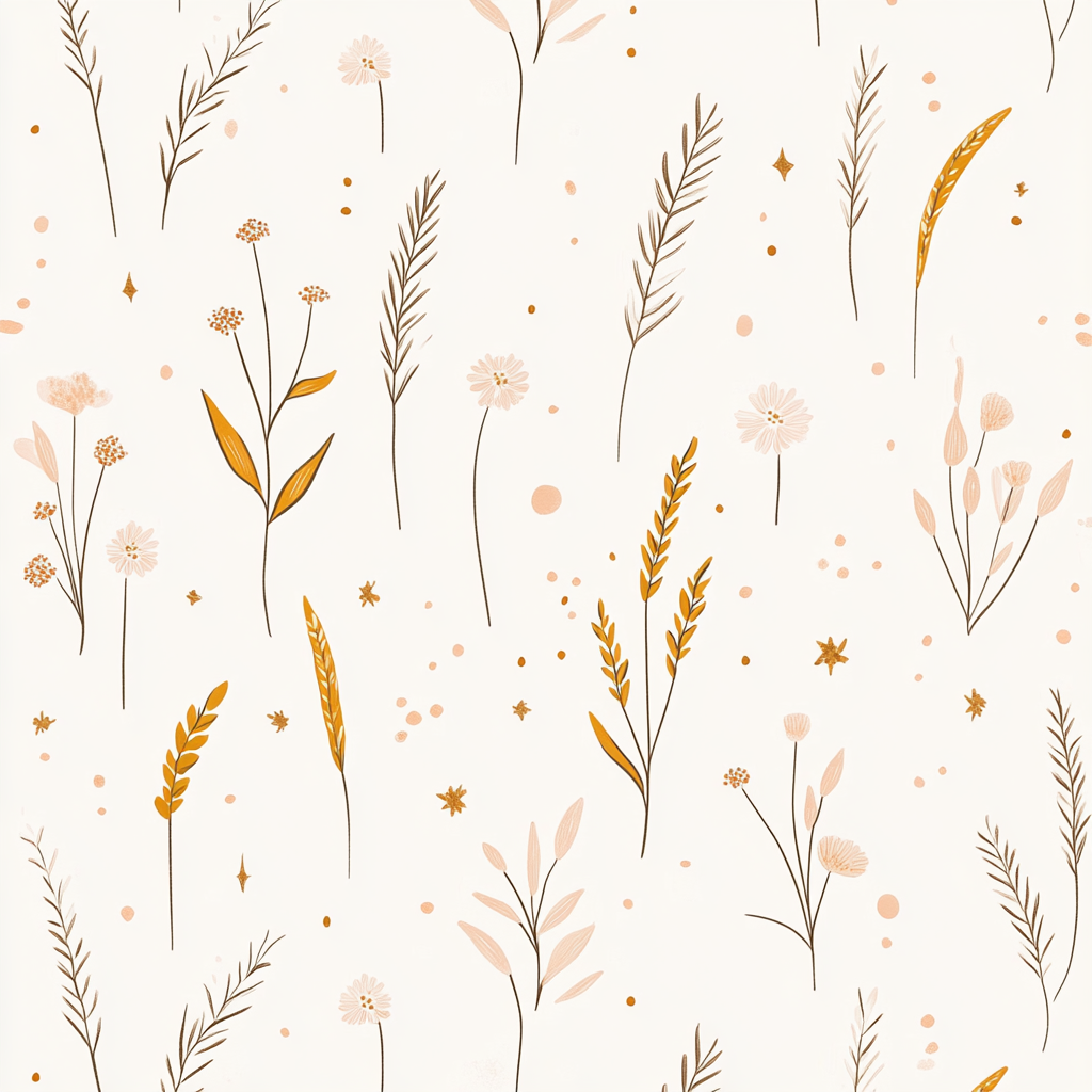 Minimalist hand-drawn pattern with rice grains and wheat stalks.