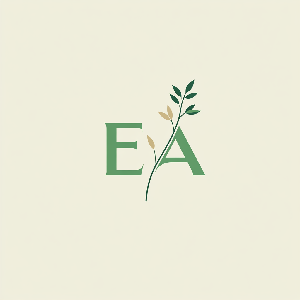 Minimalist logo design for ‘EA’ incorporating plant elements.