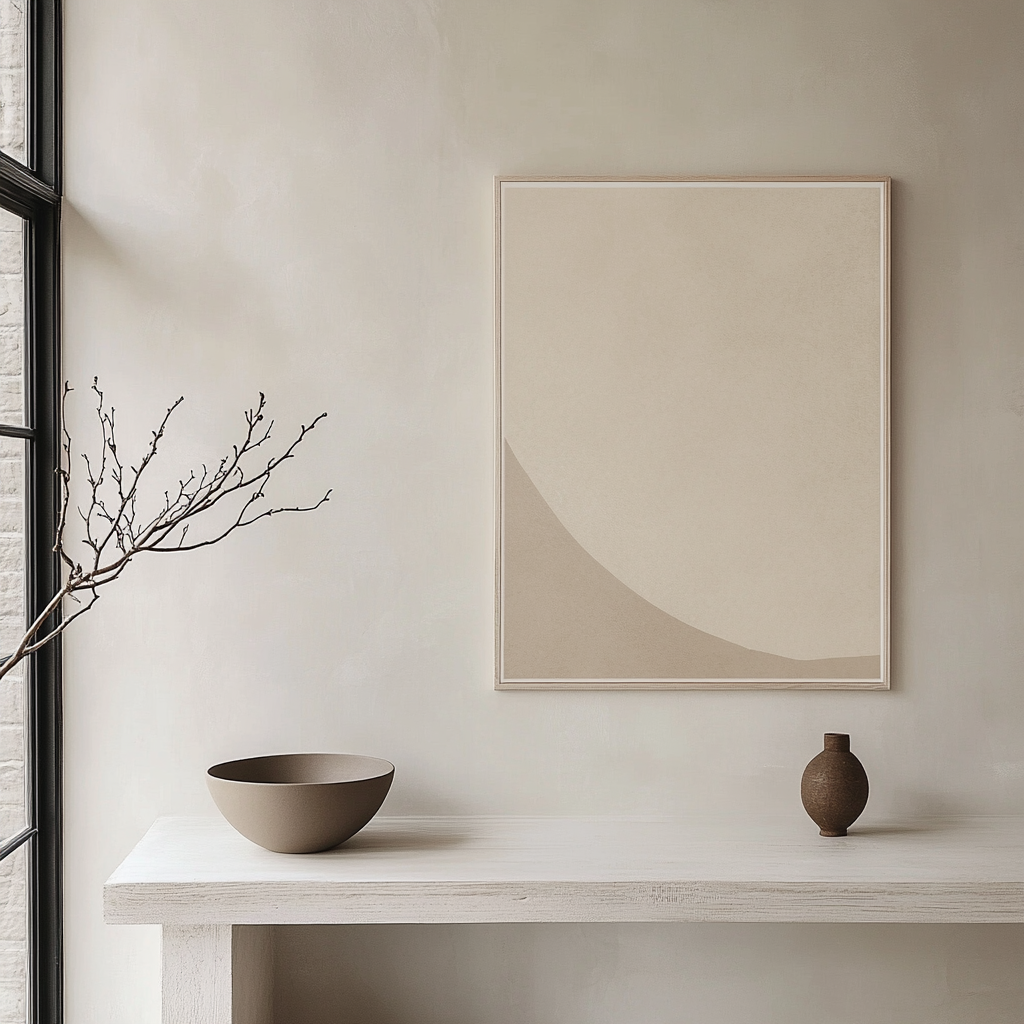 Minimalist white wall with subtle texture and art.